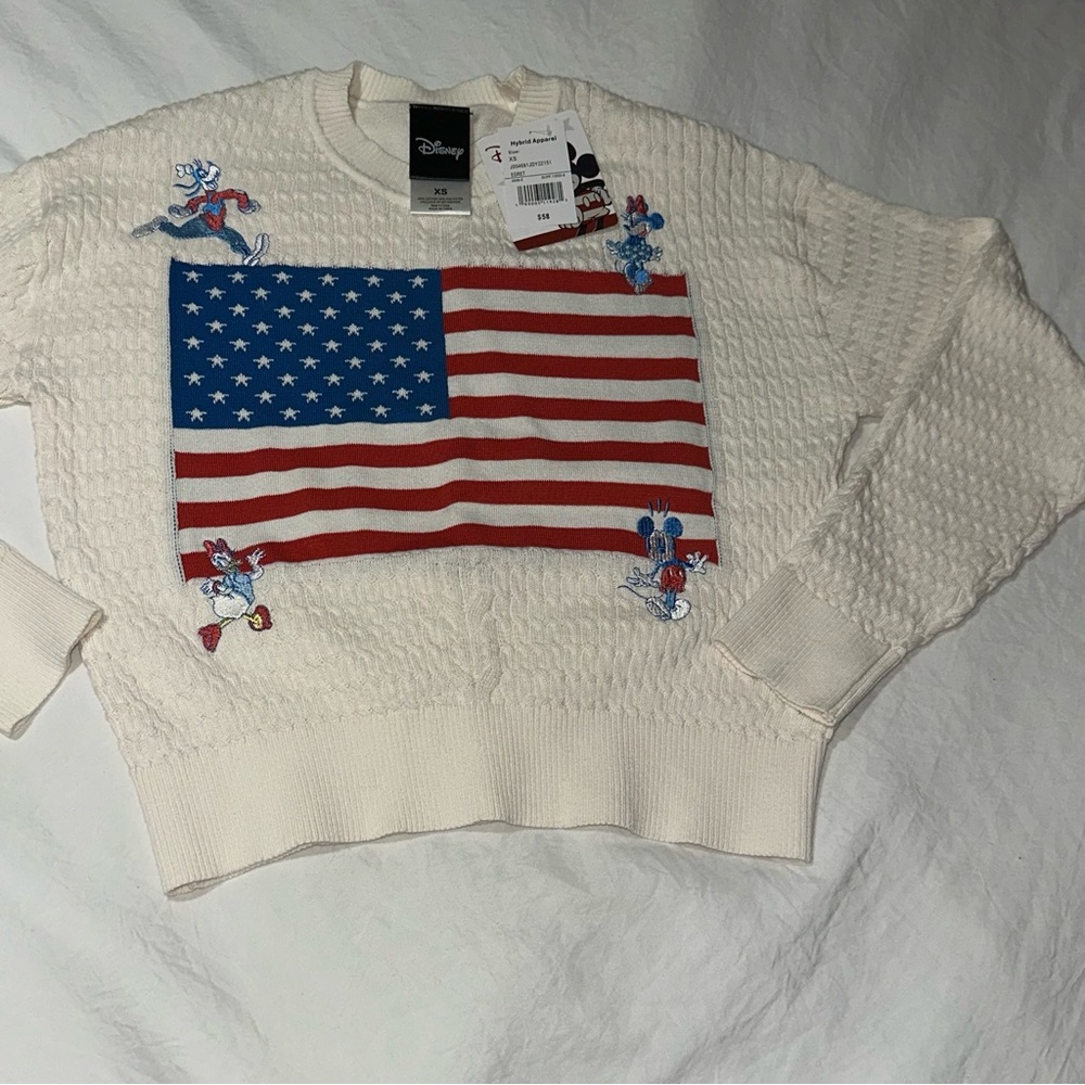 Disney Women's Cream Sweater with American Flag and Characters